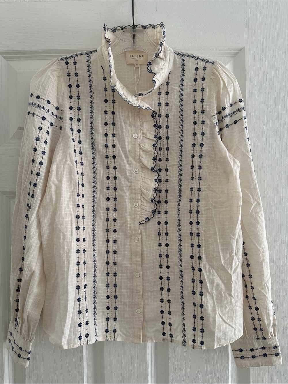 SEZANE Chlo Floral Embroidered Ruffle Button Down Shirt Top 36 USA 4 - Picture 7 of 9